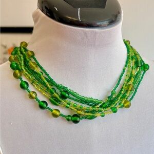 Vintage Multistrand Green Glass Beaded Necklace